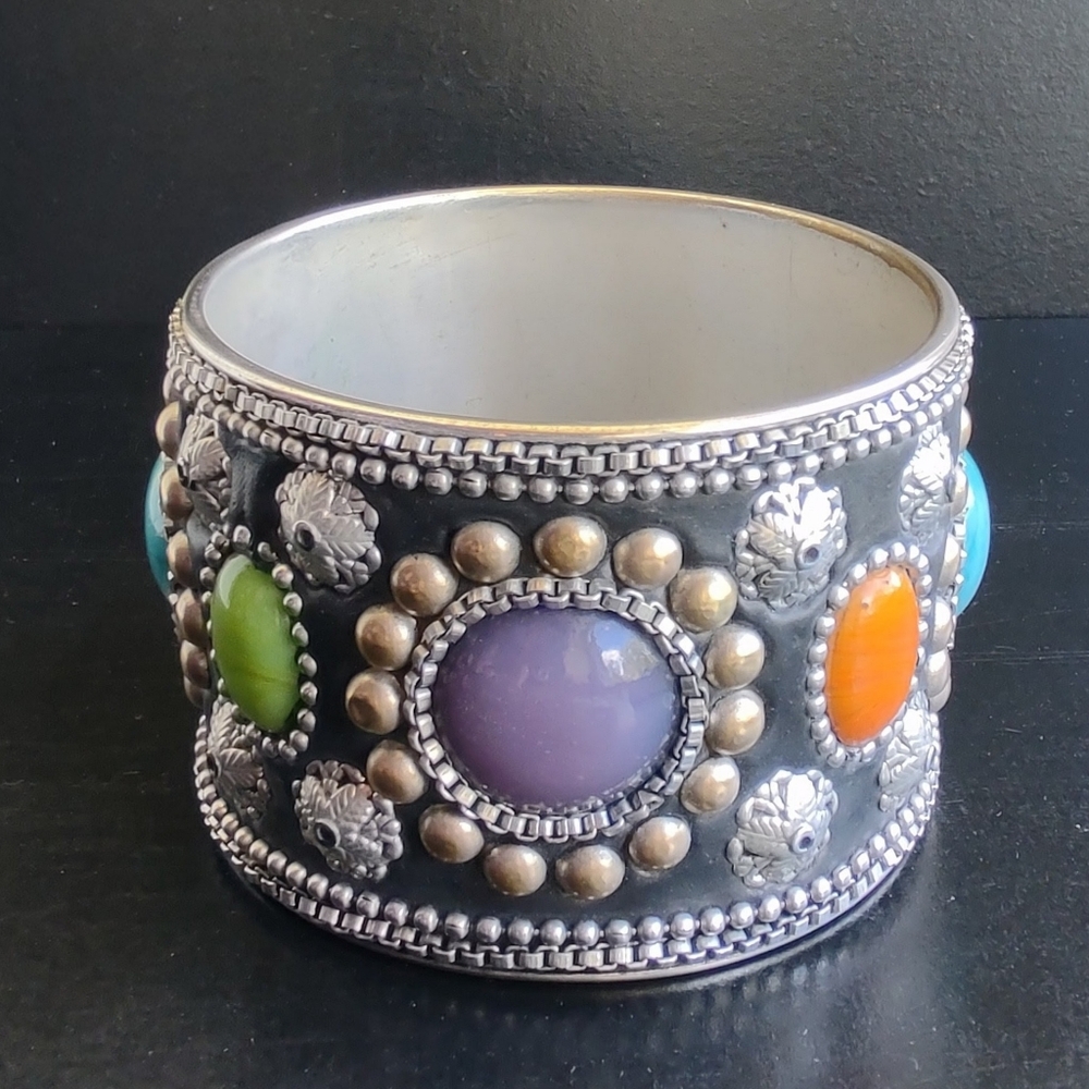 Wide Statement Bangle Bracelet - Silver & Multico… - image 4